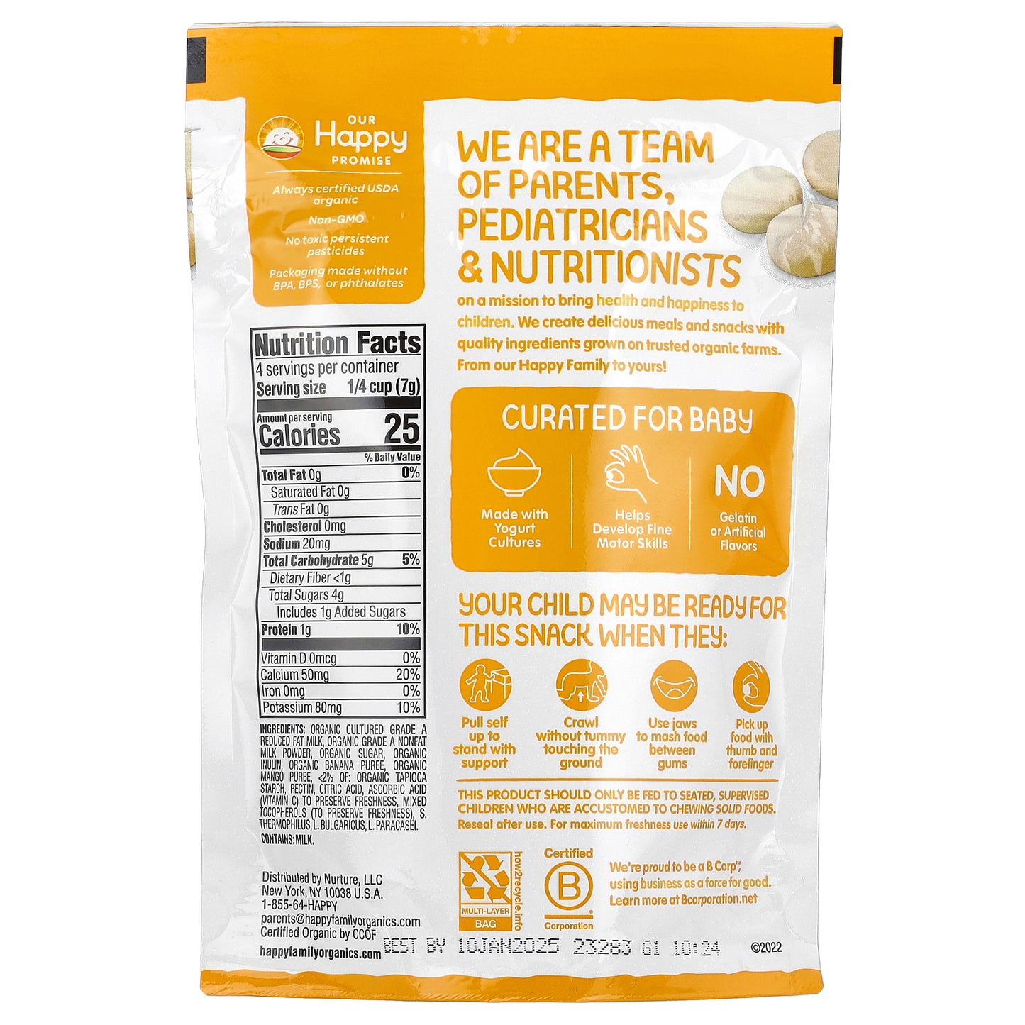 Happy Family Organics, Happy Baby, Yogis, Freeze Dried Yogurt & Fruit Snacks, Banana & Mango, 1 oz (28 g)