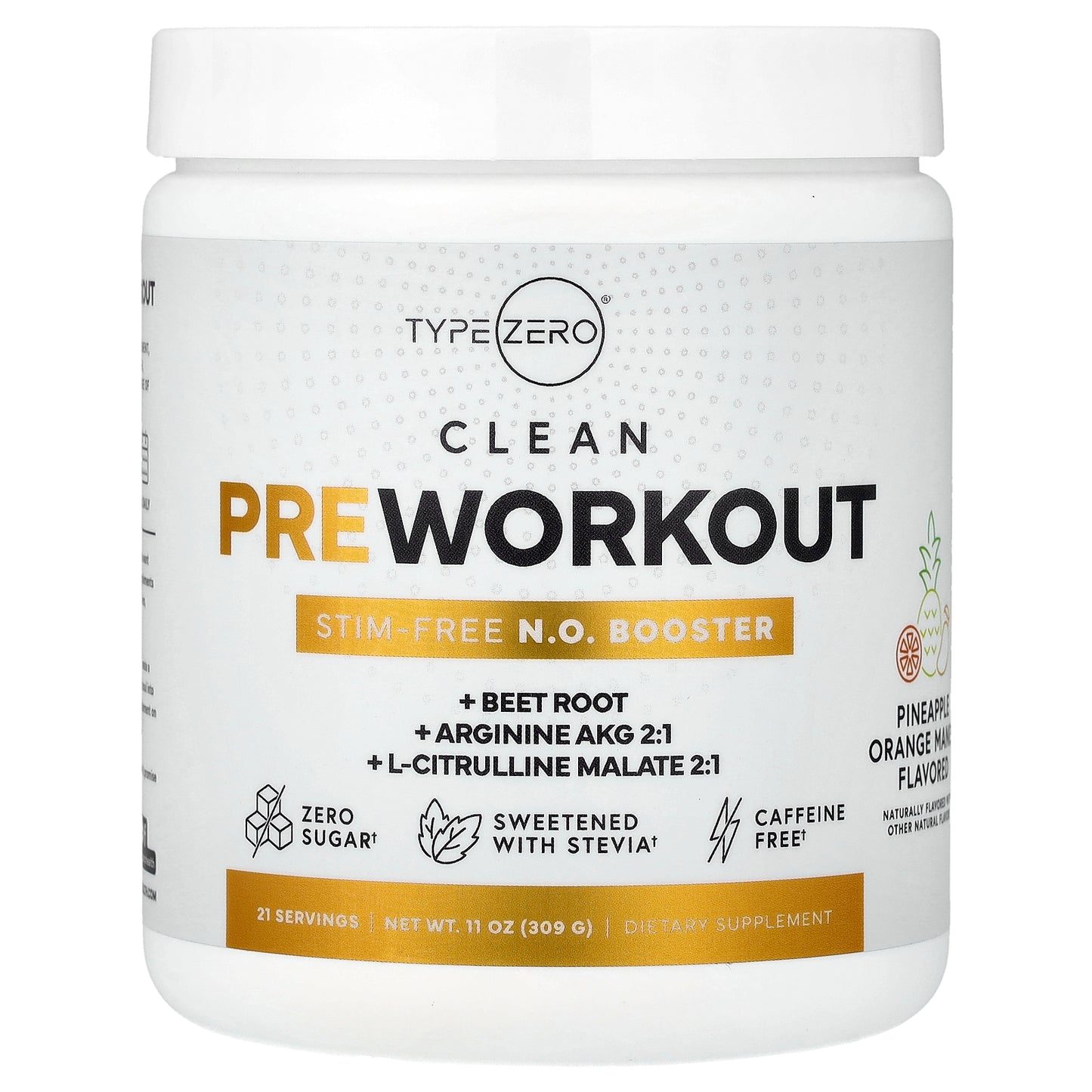 TypeZero, Clean Pre Workout, Stim-Free N.O. Booster, Pineapple Orange Mango, 11 oz (309 g)