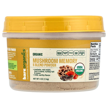 BareOrganics, Organic Mushroom Memory 6 Blend Powder, 4 oz (114 g)