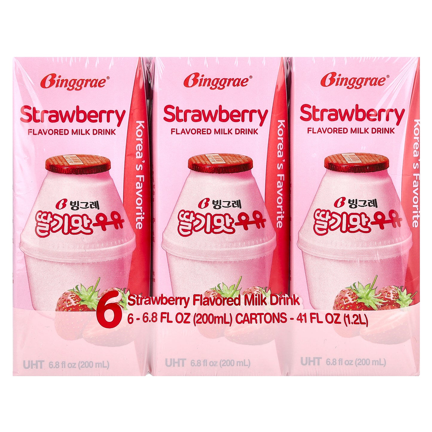 Binggrae, Flavored Milk Drink, Strawberry, 6 Cartons, 6.8 fl oz (200 ml) Each