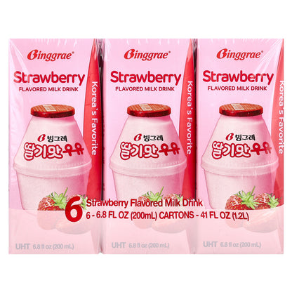 Binggrae, Flavored Milk Drink, Strawberry, 6 Cartons, 6.8 fl oz (200 ml) Each