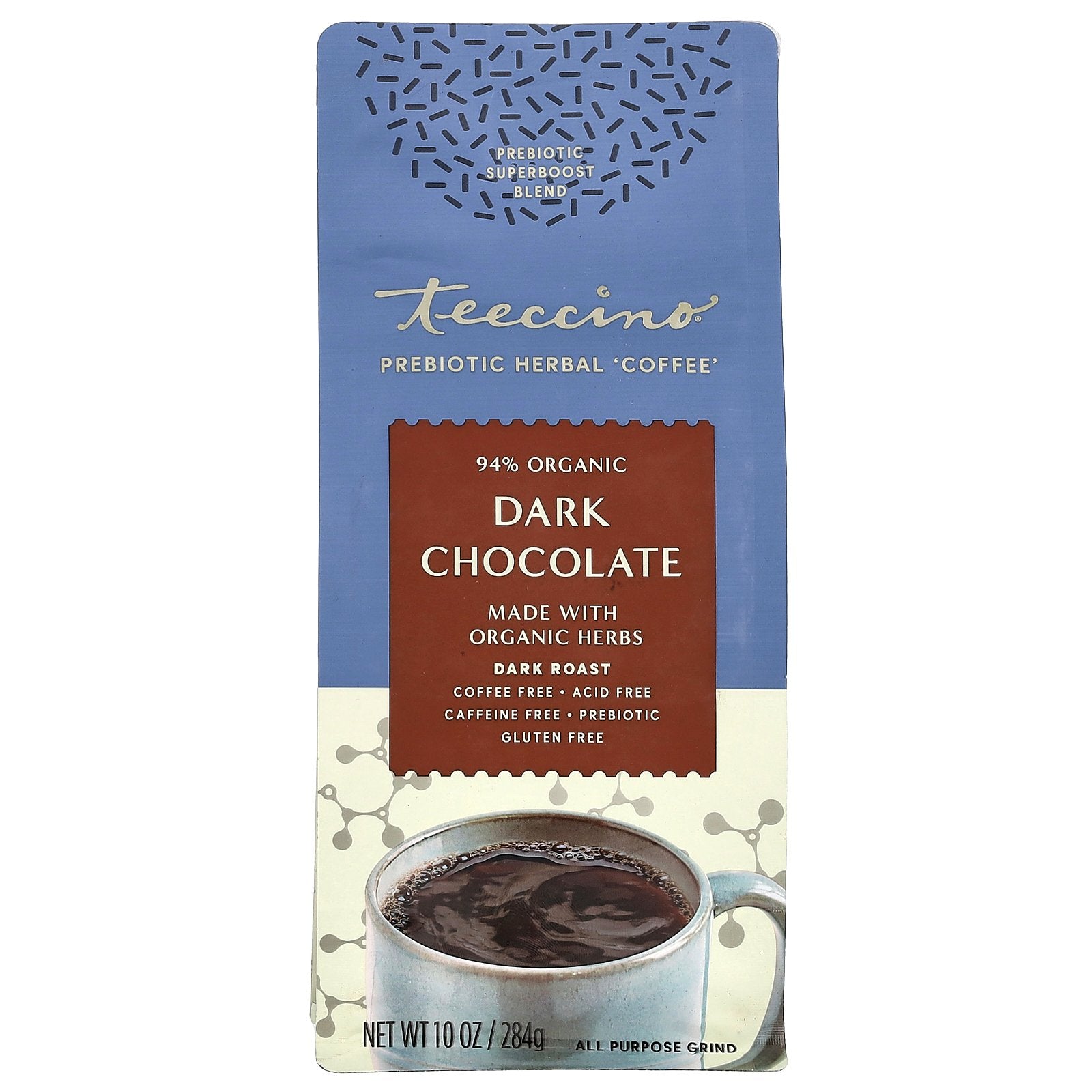 Teeccino, Prebiotic Herbal Coffee, Dark Chocolate, Dark Roast, Caffeine Free, 10 oz (284 g)