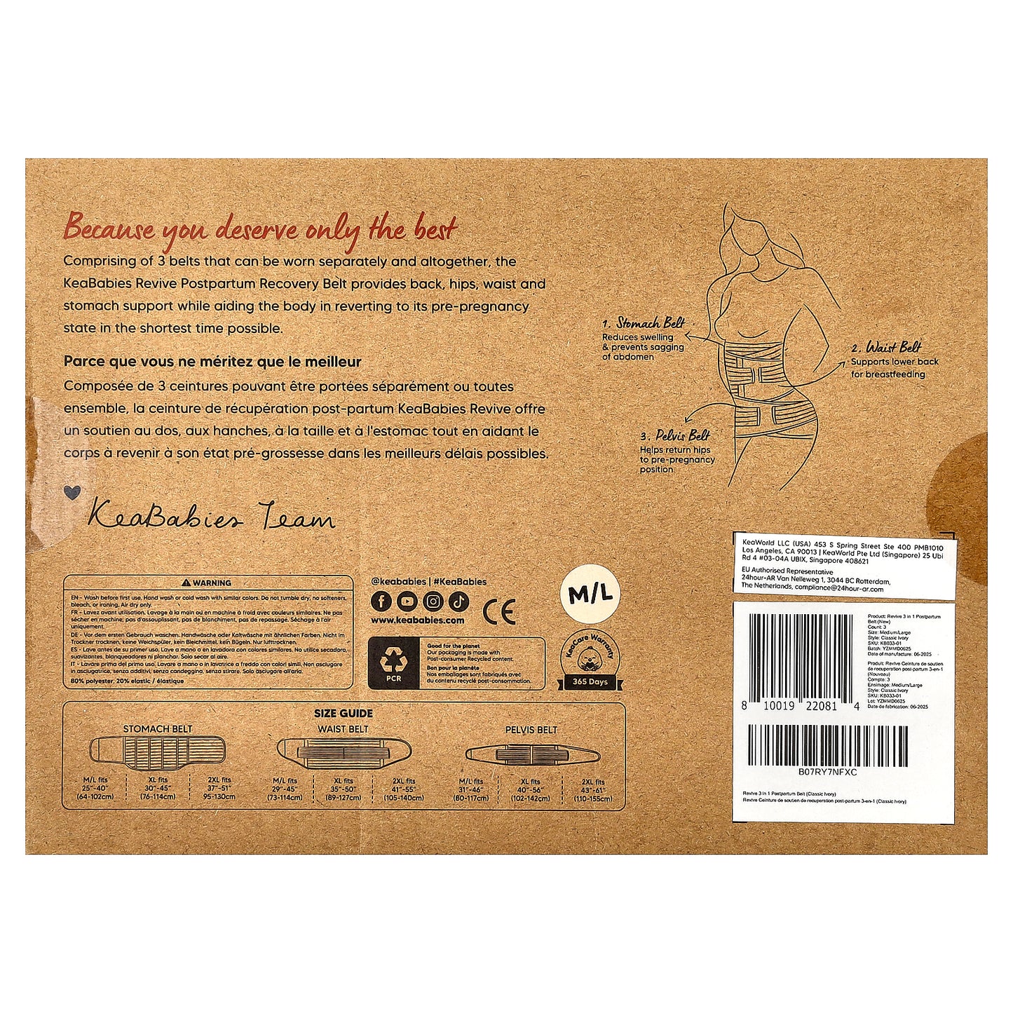 KeaBabies, Revive, 3-in-1 Postpartum Recovery Support Belt, M/L, Classic Ivory, 1 Set