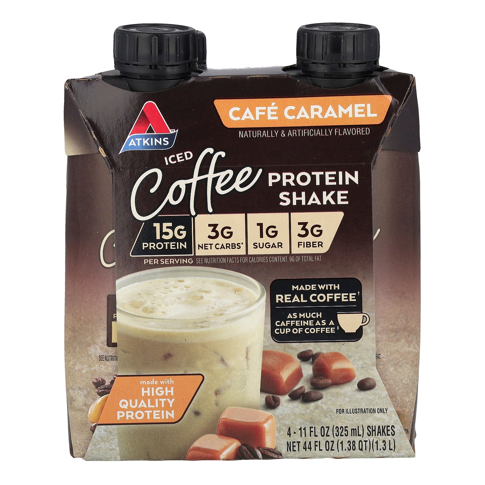 Atkins, Iced Coffee Protein Shake, Cafe Caramel, 4 Shakes, 11 fl oz (325 ml) Each