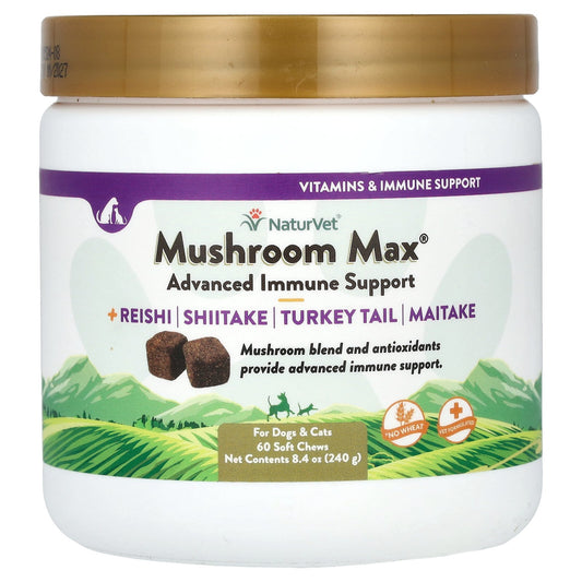 NaturVet, Mushroom Max + Reishi, Shiitake, Turkey Tail, Maitake, For Dogs & Cats, 60 Soft Chews, 8.4 oz (240 g)