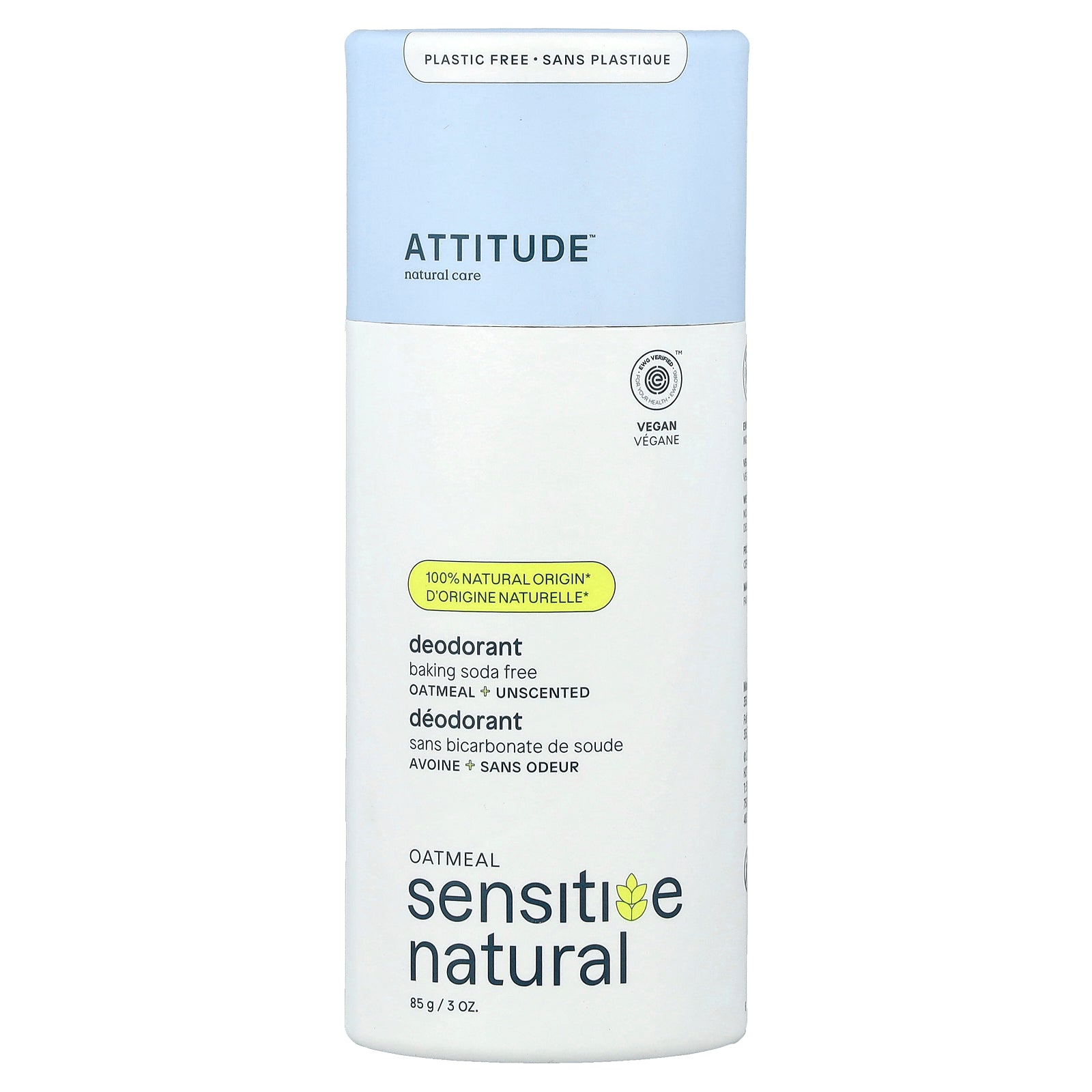 ATTITUDE, Oatmeal Sensitive Natural, Deodorant, Unscented, 3 oz (85 g)