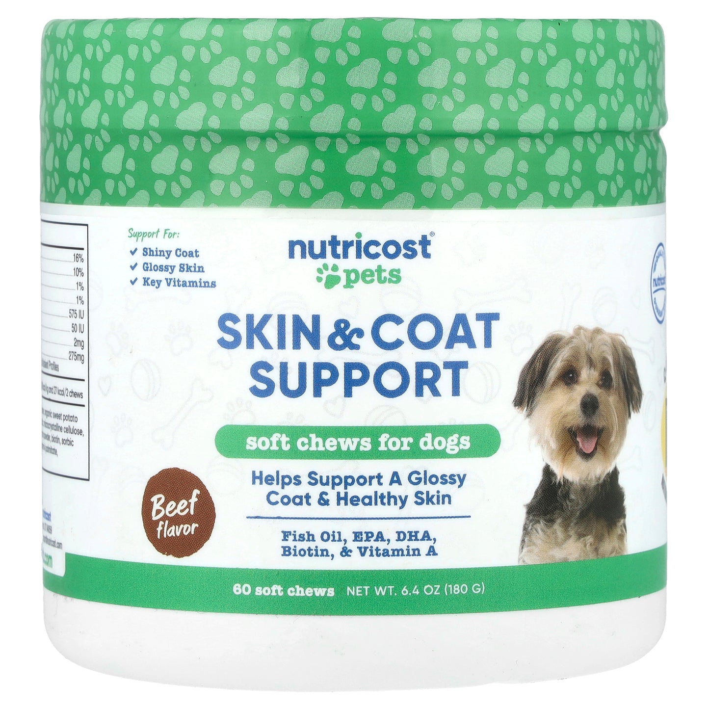 Nutricost, Pets, Skin & Coat Support, For Dogs, Beef, 60 Soft Chews, 6.4 oz (180 g)