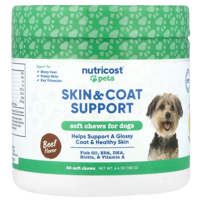 Nutricost, Pets, Skin & Coat Support, For Dogs, Beef, 60 Soft Chews, 6.4 oz (180 g)