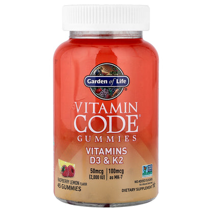 Garden of Life, Vitamin Code® Gummies, Vitamins D3 & K2, Raspberry Lemon, 45 Gummies