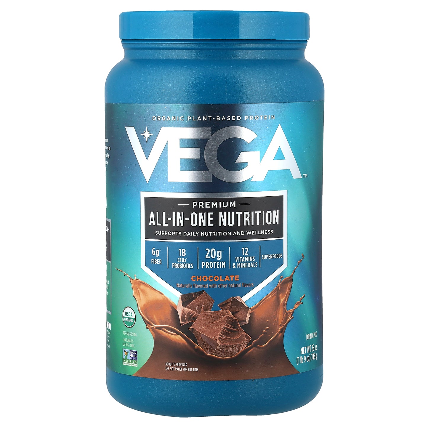 Vega, Organic Plant-Based Protein, Premium All-In-One Nutrition, Chocolate, 1 lb 9 oz (708 g)