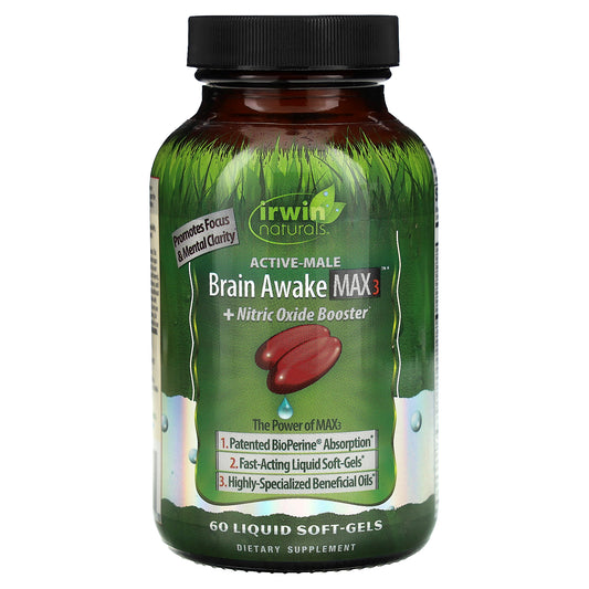 Irwin Naturals, Active-Male, Brain Awake Max 3 + Nitric Oxide Booster, 60 Liquid Soft-Gels