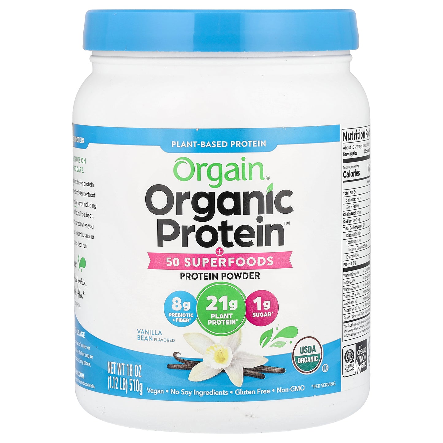 Orgain, Organic Protein™ Powder + 50 Superfoods, Plant-Based, Vanilla Bean, 1.12 lb (510 g)