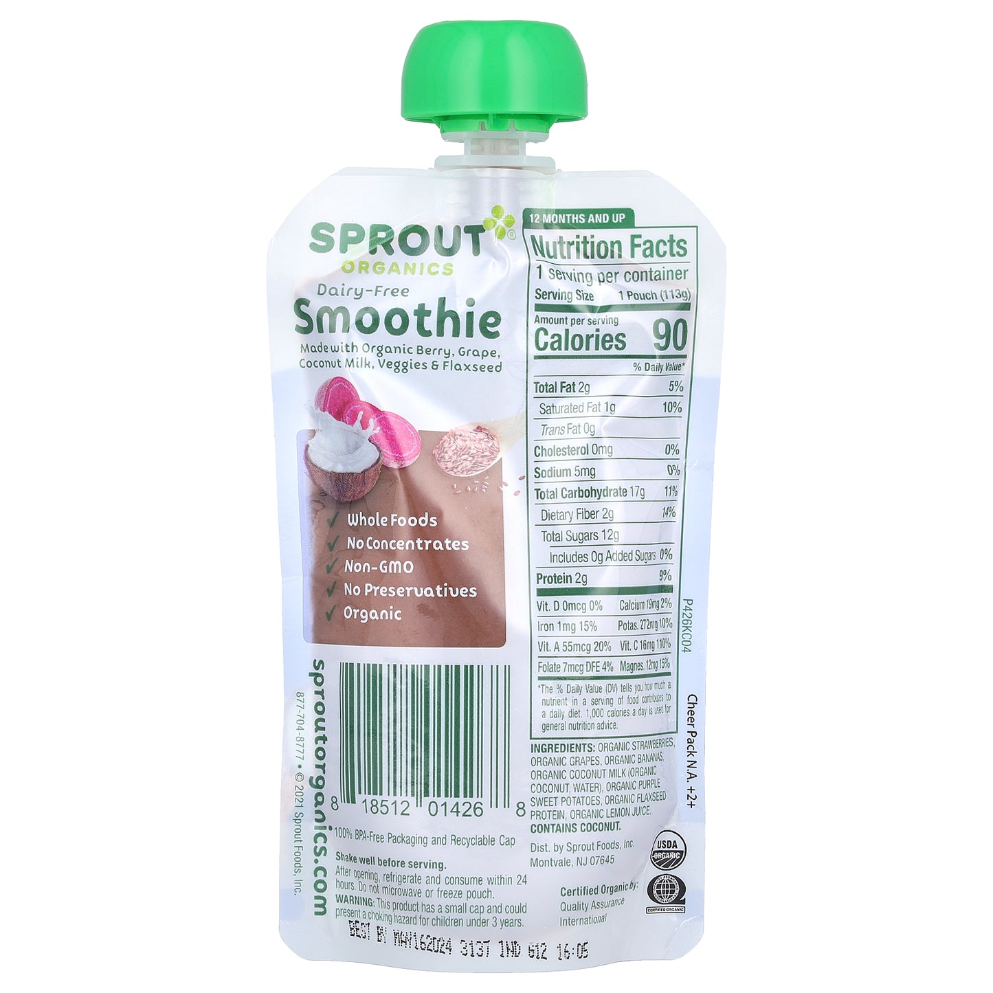 Sprout Organics, Baby Food, Dairy-Free Smoothie, 12 Months & Up , Berry, Grape, Coconut Milk, Veggies & Flaxseed, 4 oz (113 g)