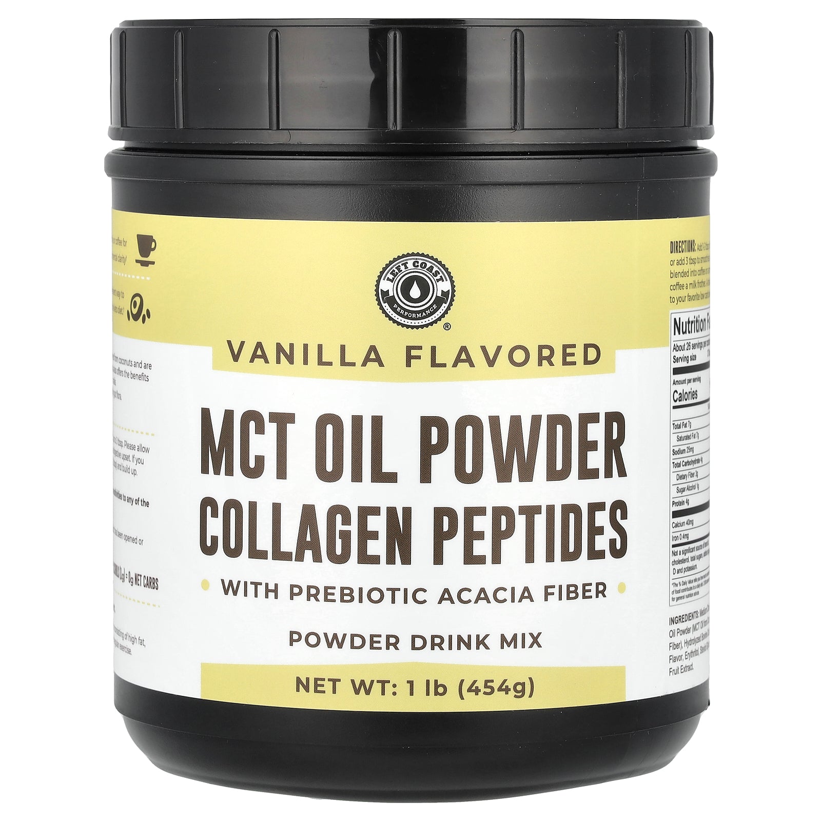 Left Coast Performance, MCT Oil Powder Collagen Peptides with Prebiotic Acacia Fiber, Vanilla, 1 lb (454 g)