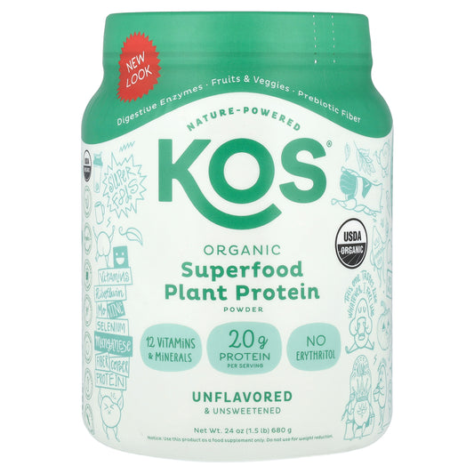 KOS, Organic Superfood Plant Protein Powder, Unflavored & Unsweetened, 1.5 lb (680 g)