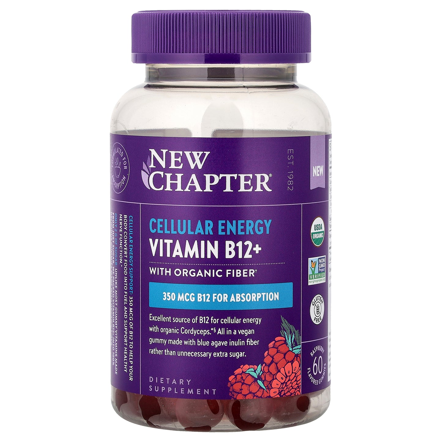 New Chapter, Cellular Energy Vitamin B12+ With Organic Fiber Gummies, Raspberry, 60 Flavored Gummies