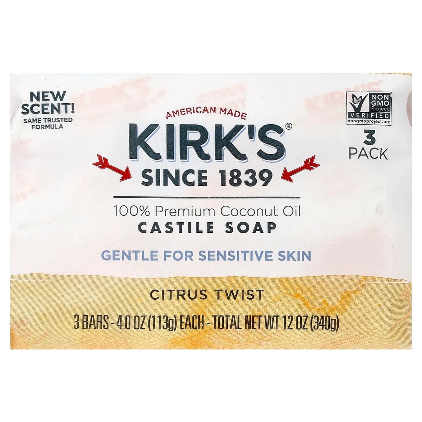 Kirk's, 100% Premium Coconut Oil Castile Bar Soap, Citrus Twist, 3 Bars, 4 oz (113 g) Each