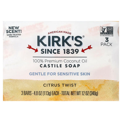 Kirk's, 100% Premium Coconut Oil Castile Bar Soap, Citrus Twist, 3 Bars, 4 oz (113 g) Each