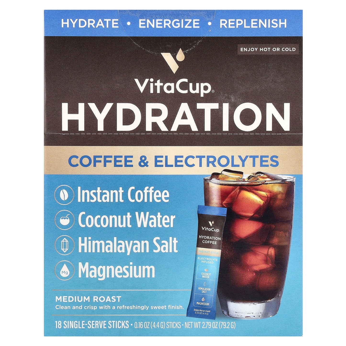 VitaCup, Hydration Instant Coffee & Electrolytes, Medium Roast, 18 Single-Serve Sticks, 0.16 oz (4.4 g) Each