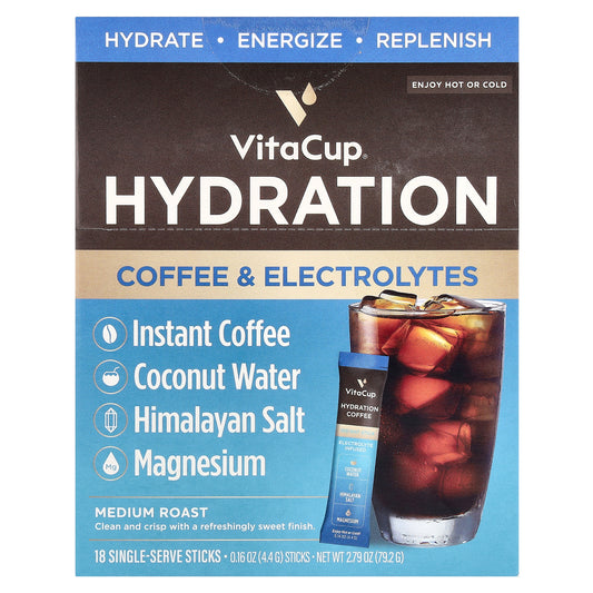 VitaCup, Hydration Instant Coffee & Electrolytes, Medium Roast, 18 Single-Serve Sticks, 0.16 oz (4.4 g) Each
