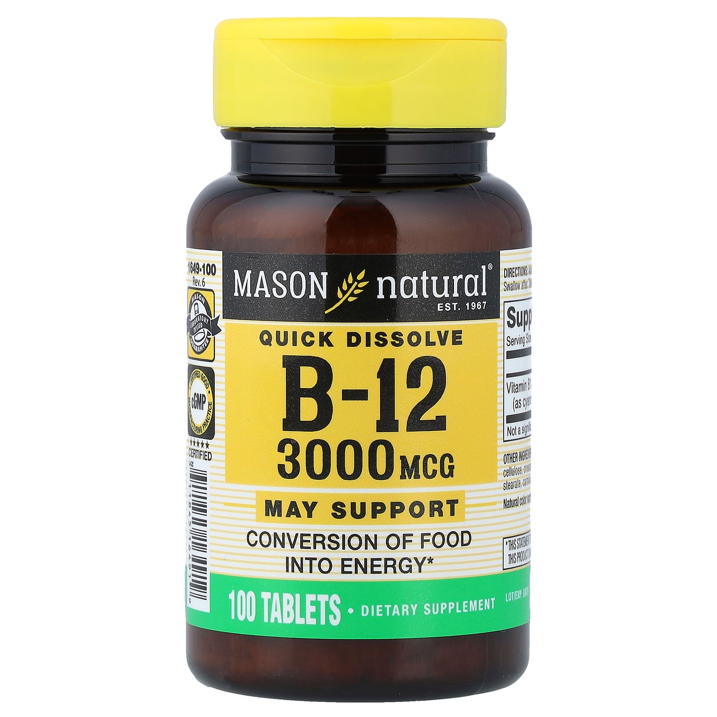 Mason Natural, Quick Dissolve, Vitamin B-12, 3,000 mcg, 100 Tablets