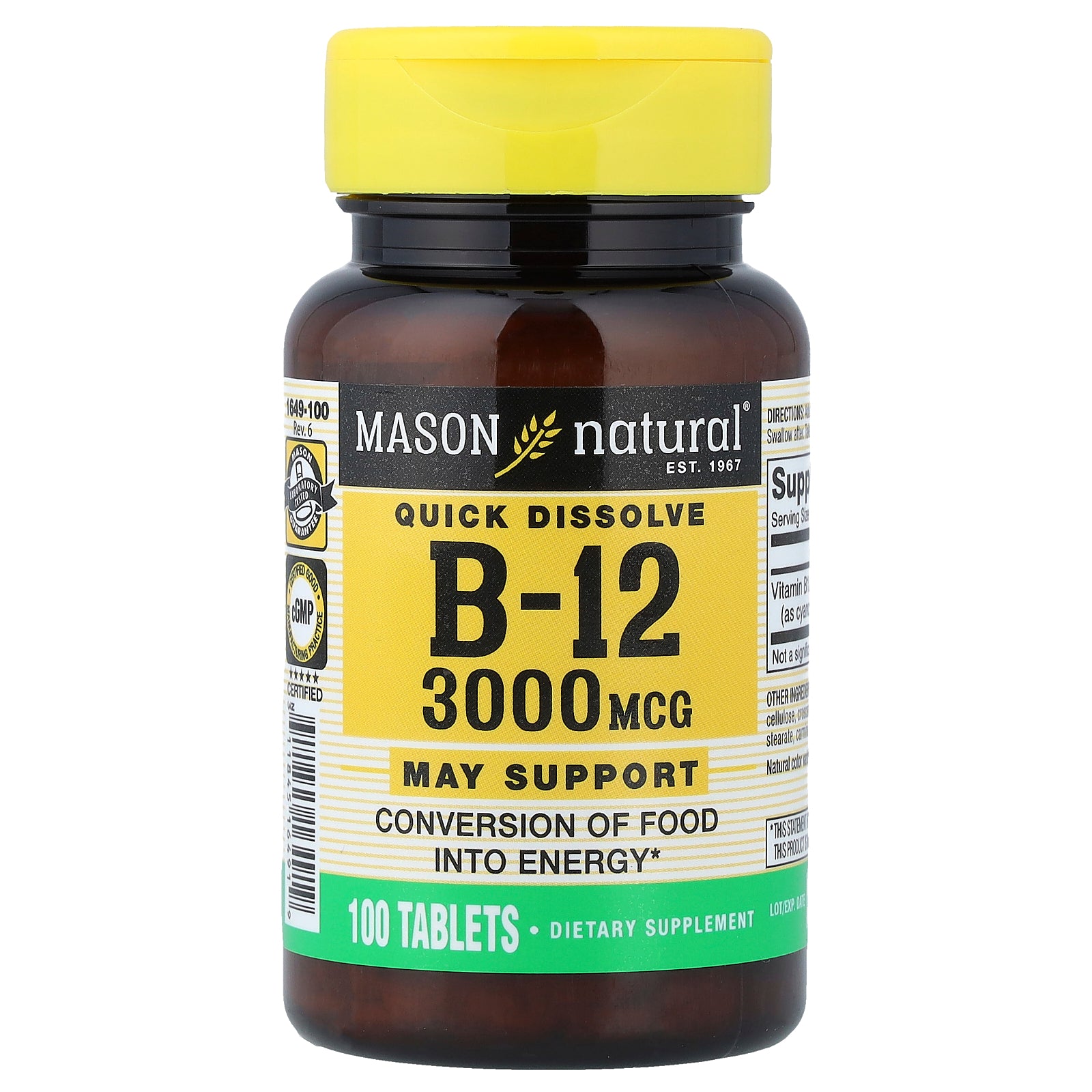Mason Natural, Quick Dissolve, Vitamin B-12, 3,000 mcg, 100 Tablets