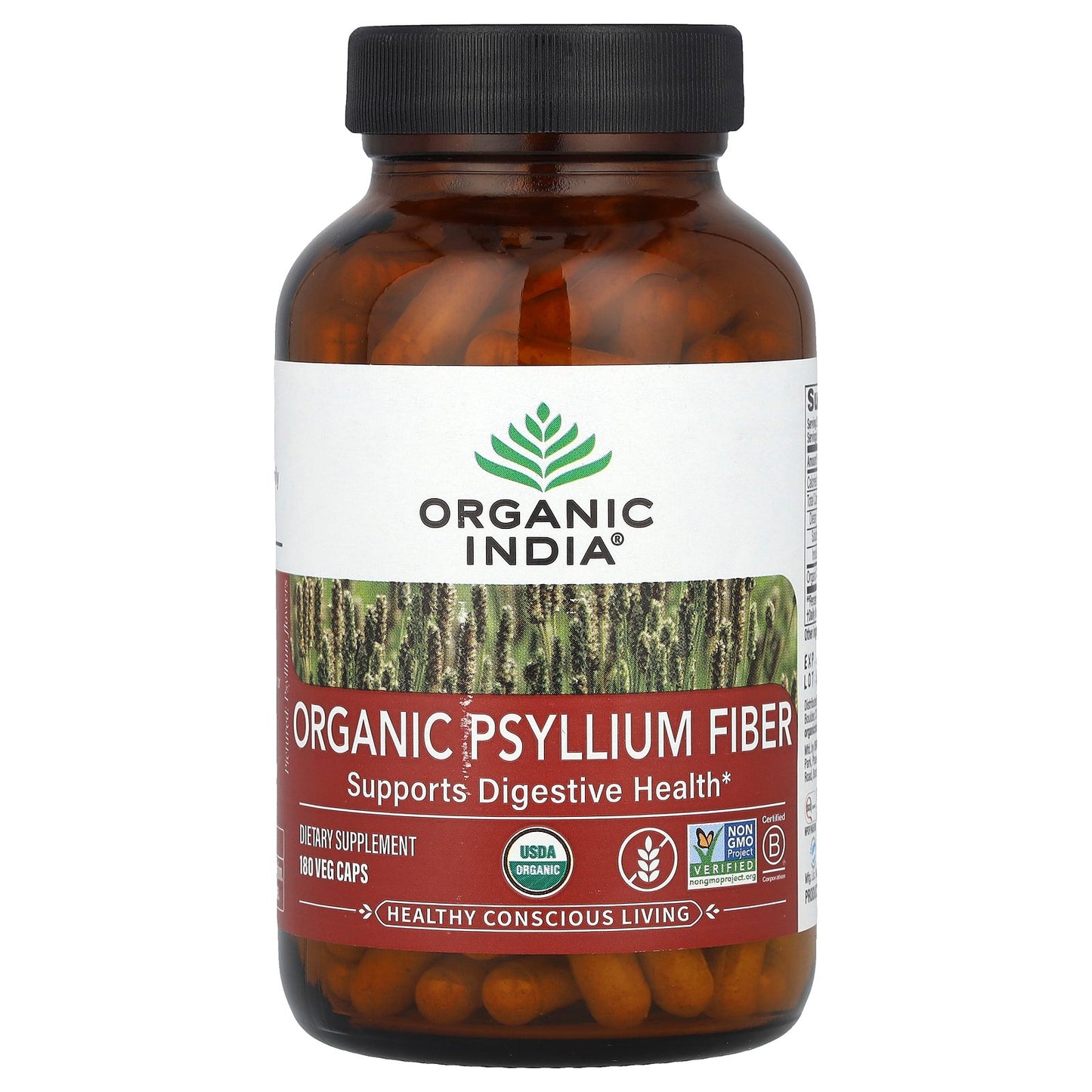 Organic India, Organic Psyllium Fiber, 180 Veg Caps (0.52 g per Capsule)