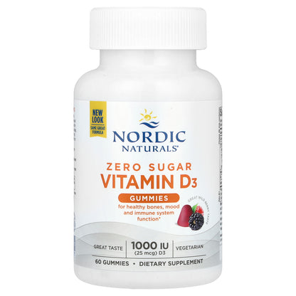 Nordic Naturals, Zero Sugar Vitamin D3 Gummies, Great Wild Berry, 25 mcg (1,000 IU), 60 Gummies