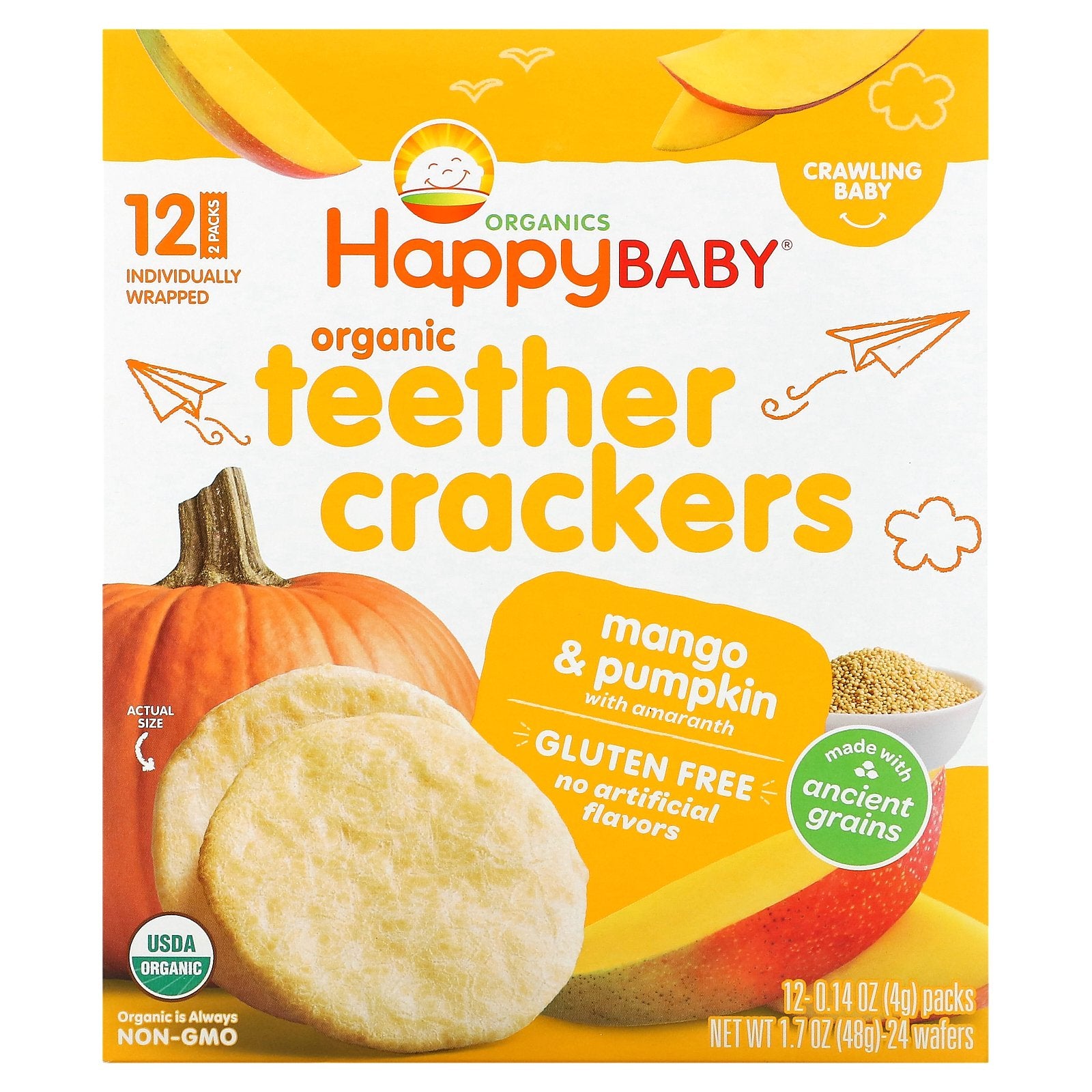 Happy Family Organics, Happy Baby, Organic Teether Crackers, Mango & Pumpkin with Amaranth, 12 Packs, 0.14 oz (4 g) Each