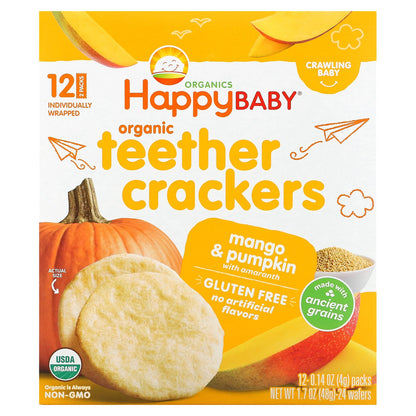 Happy Family Organics, Happy Baby, Organic Teether Crackers, Mango & Pumpkin with Amaranth, 12 Packs, 0.14 oz (4 g) Each