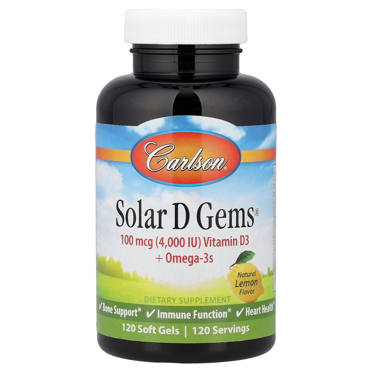 Carlson, Solar D Gems®, Vitamin D3 + Omega-3s, Natural Lemon, 120 Soft Gels