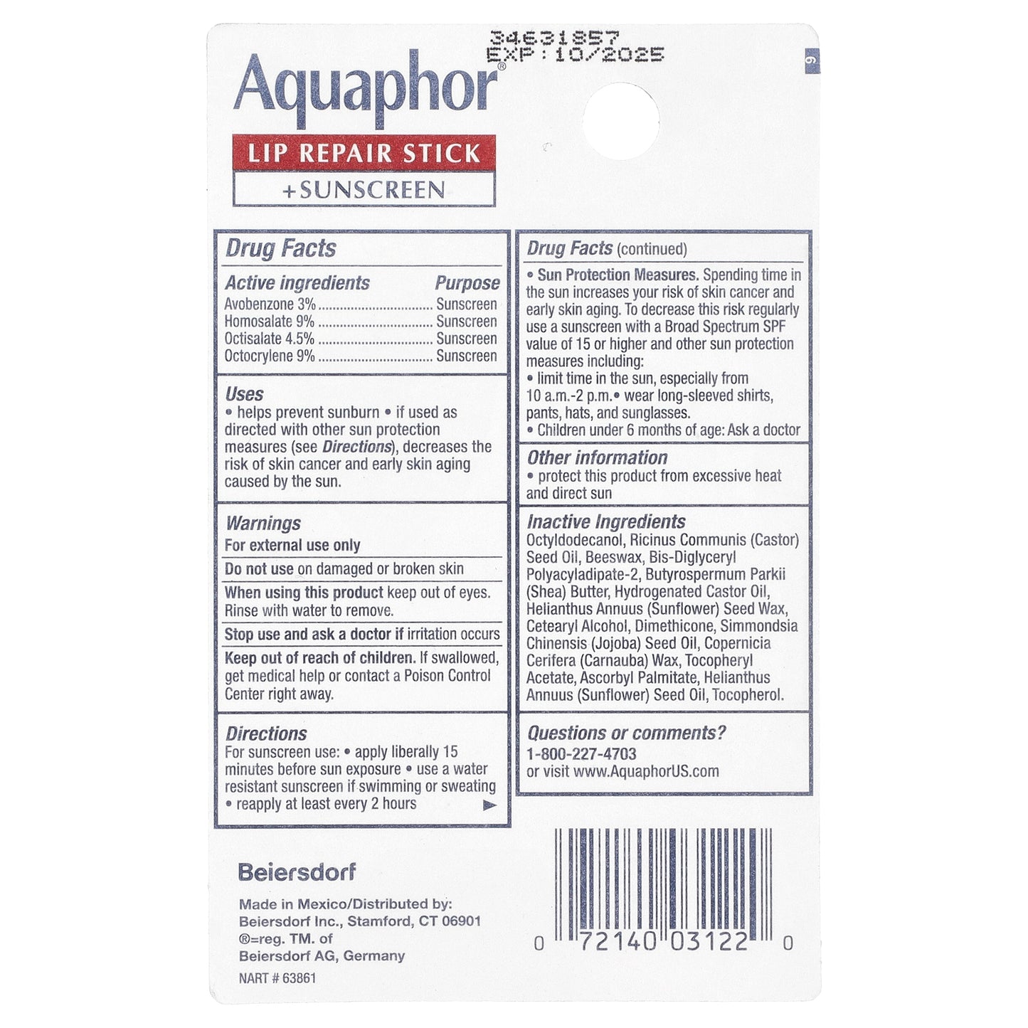 Aquaphor, Lip Repair Stick + Sunscreen, SPF 30, Fragrance Free, 0.17 oz (4.8 g)