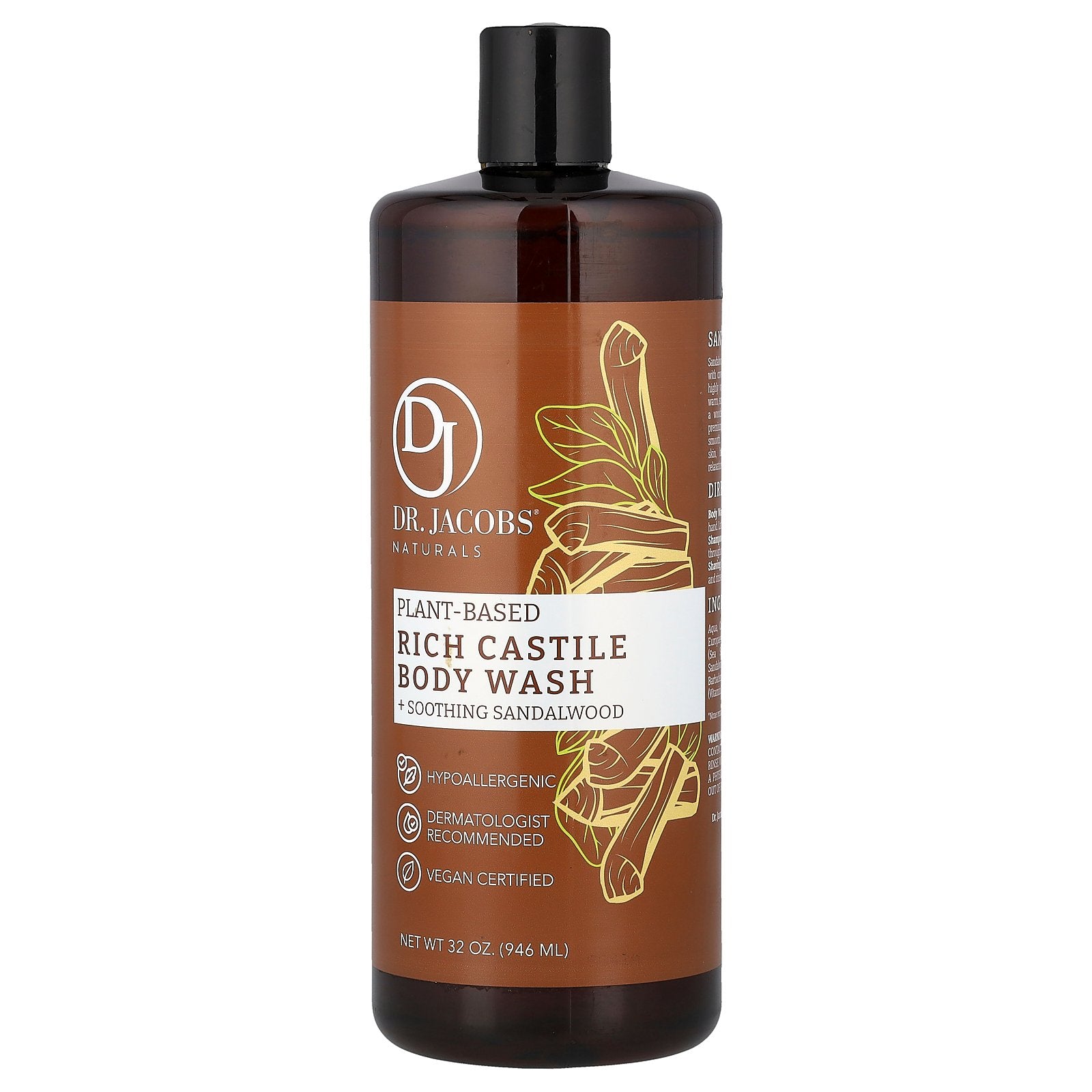 Dr. Jacobs Naturals, Plant-Based Rich Castile Body Wash, Soothing Sandalwood, 32 oz (946 ml)
