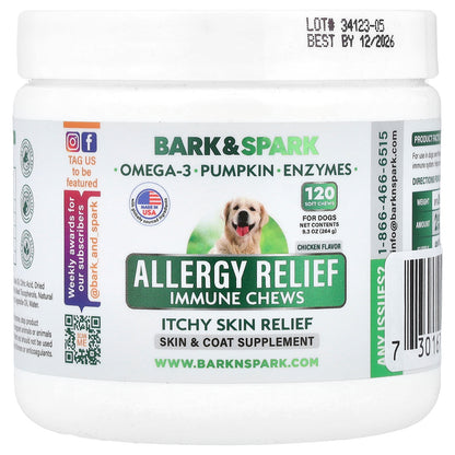 Bark&Spark, Allergy Relief Immune Chews, Itchy Skin Relief, For Dogs, Chicken, 120 Soft Chews, 9.3 oz (264 g)