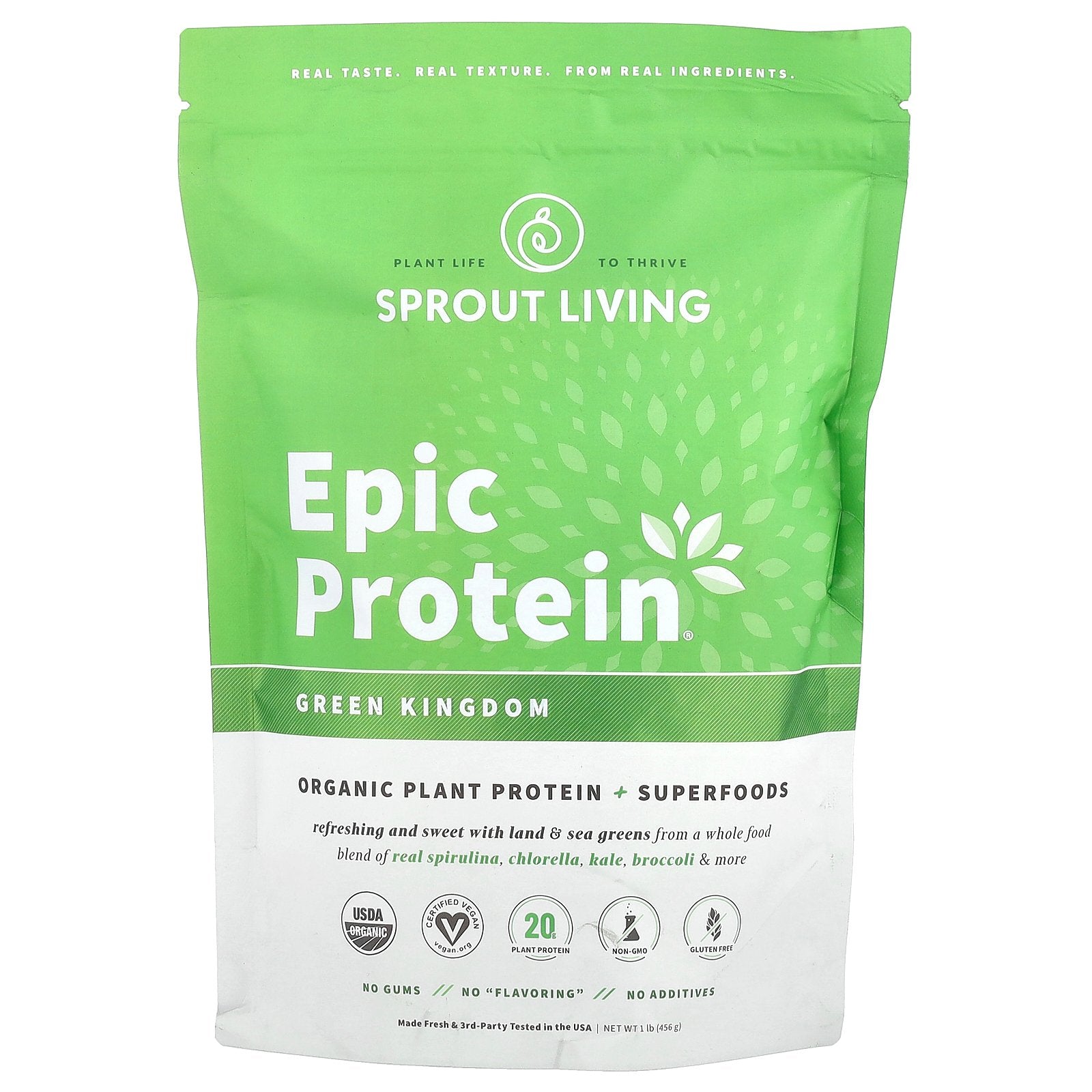 Sprout Living, Epic Protein®, Organic Plant Protein + Superfoods, Green Kingdom, 1 lb (456 g)