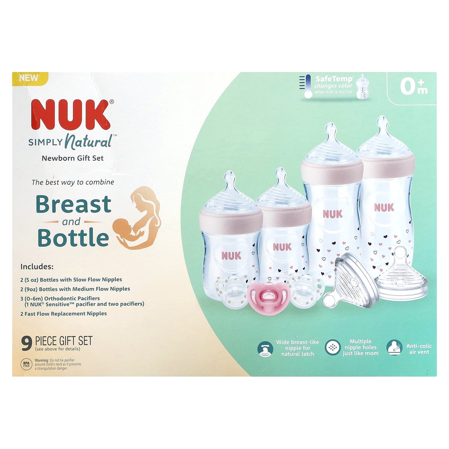 NUK, Simply Natural Bottle with SafeTemp, Newborn Gift Set, 0+ Months, 9 Pieces