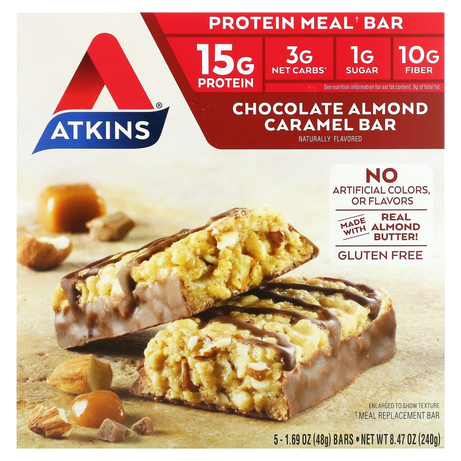 Atkins, Protein Meal Bar, Chocolate Almond Caramel, 5 Bars, 1.69 oz (48 g) Each