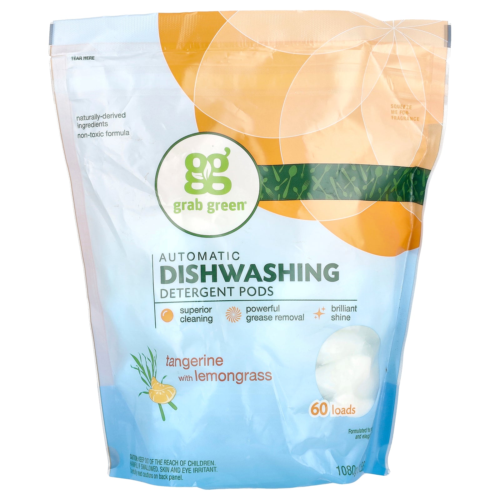 Grab Green, Automatic Dishwashing Detergent Pods, Tangerine with Lemongrass, 60 Loads, 2 lbs 6 oz (1,080 g)