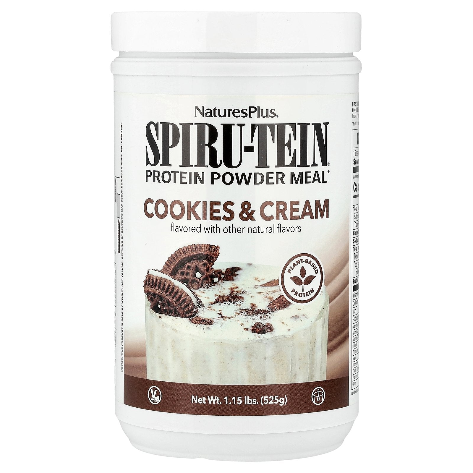 NaturesPlus, Spiru-Tein®, Protein Powder Meal, Cookies & Cream, 1.15 lbs (525 g)