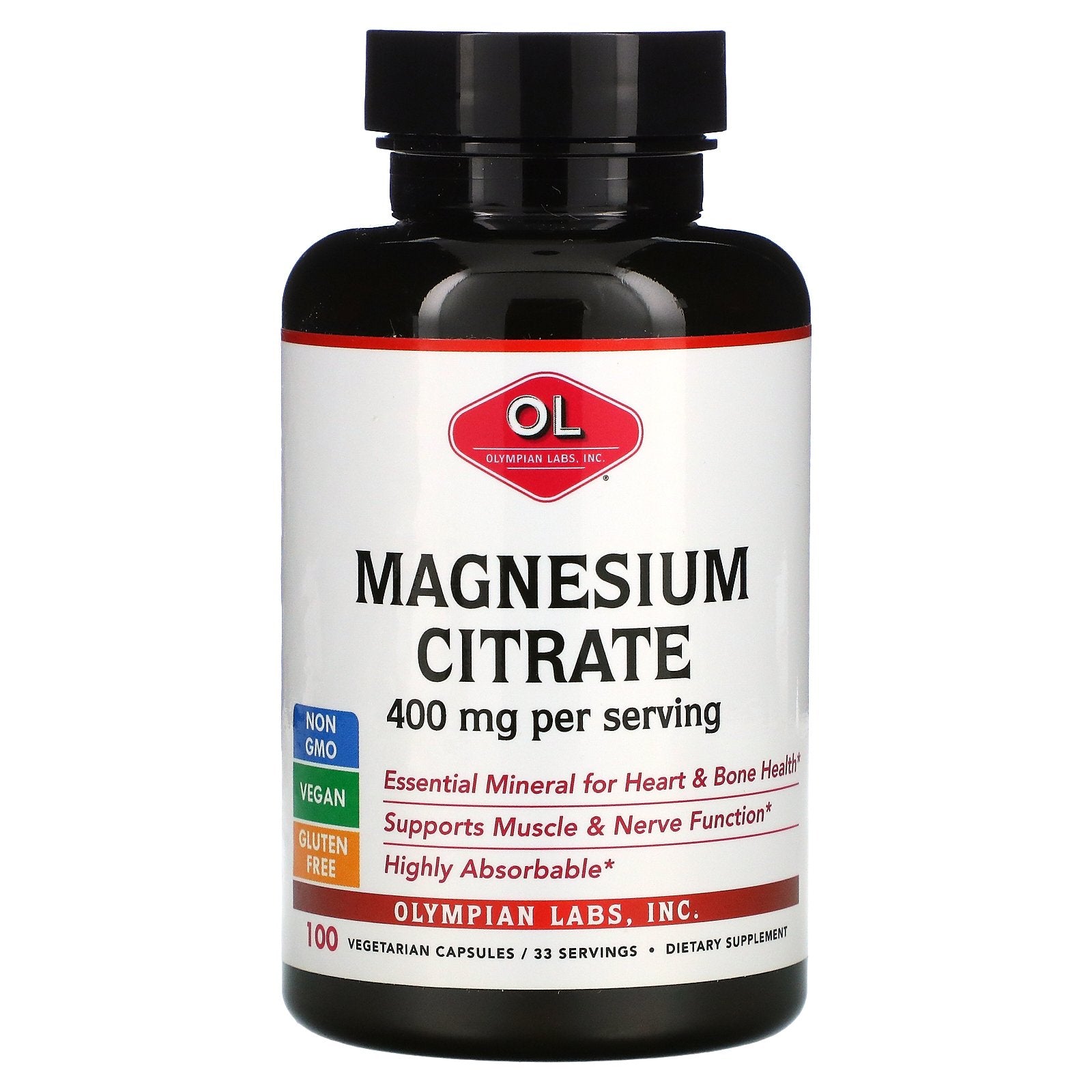 Olympian Labs, Magnesium Citrate, 400 mg, 100 Vegetarian Capsules (133 mg per Capsule)