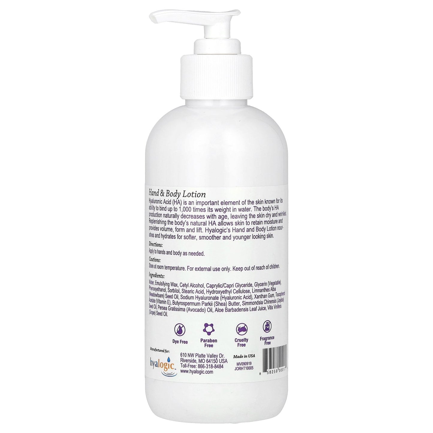 Hyalogic, Hand & Body Lotion with Hyaluronic Acid, Fragrance Free, 10 fl oz (295.7 ml)