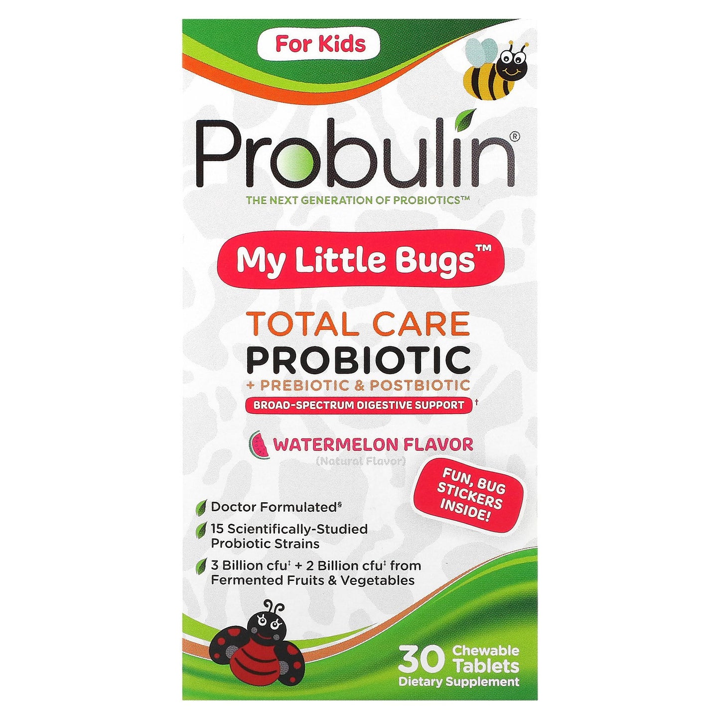 Probulin, For Kids, My Little Bugs, Total Care Probiotic + Prebiotic & Postbiotic, Watermelon, 30 Chewable Tablets