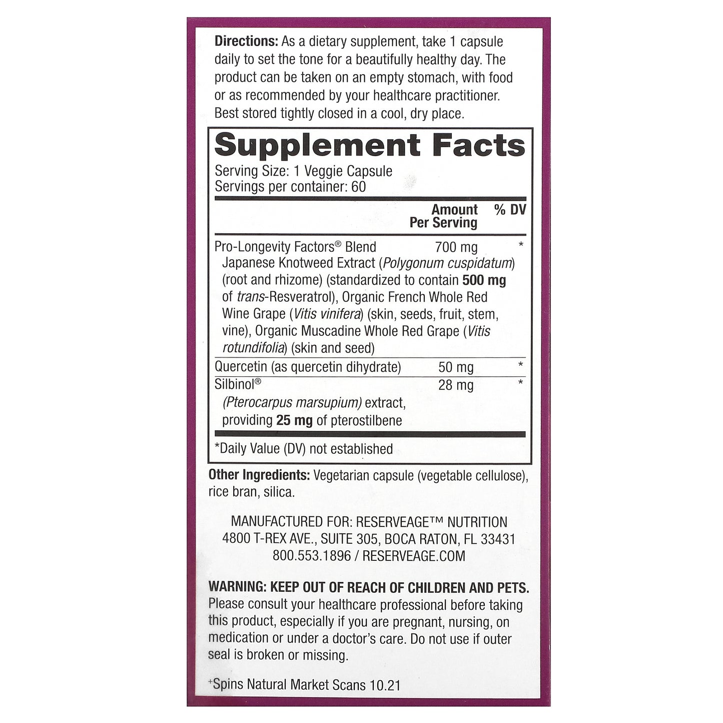 Reserveage Beauty, Resveratrol with Pterostilbene , 500 mg, 60 Veggie Capsules