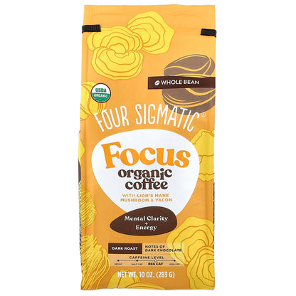 Four Sigmatic, Focus, Organic Coffee with Lion's Mane Mushroom & Yacon, Whole Bean, Dark Roast, 10 oz (283 g)