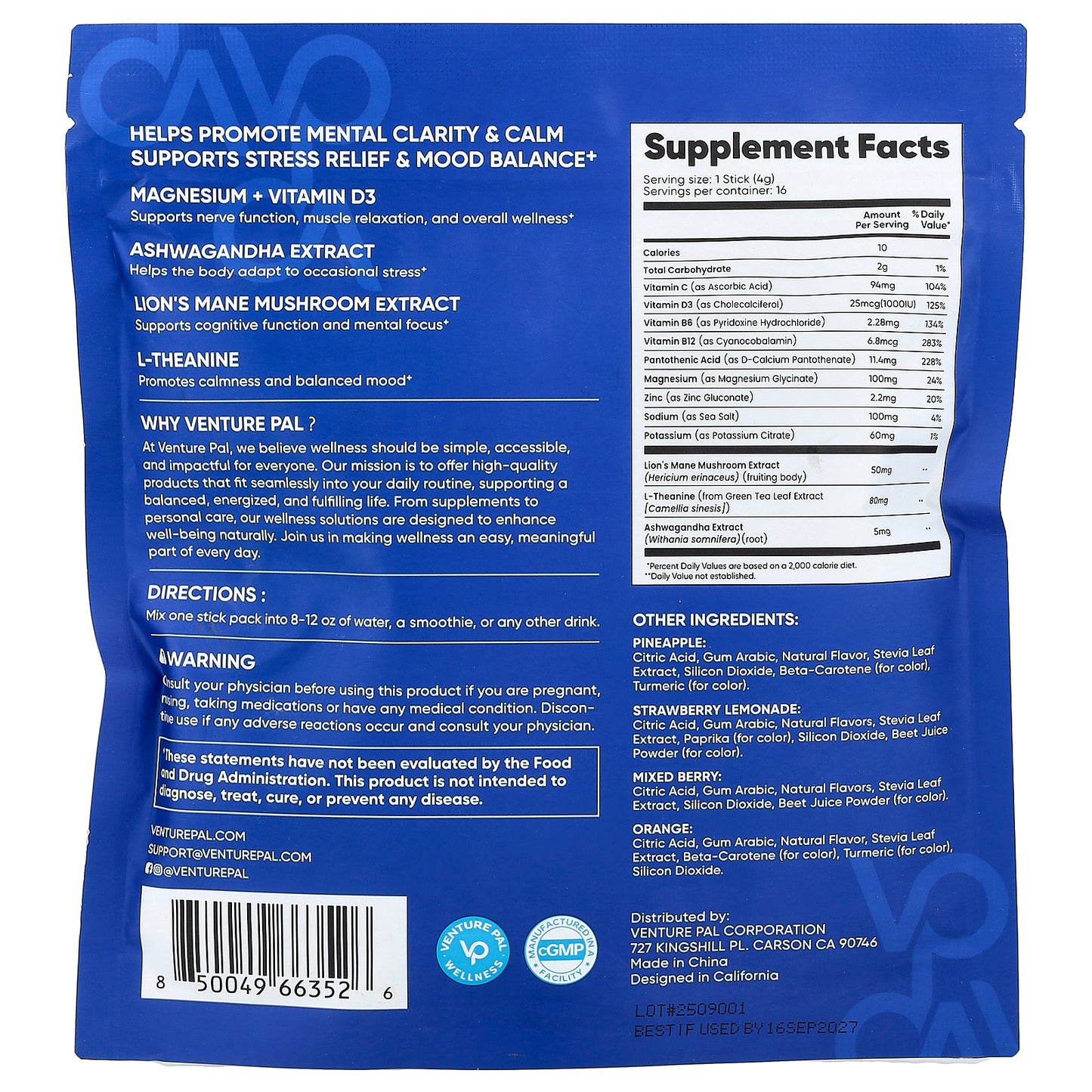 Venture Pal, Calming Drink Mix+, Magnesium Glycinate, Variety, 16 Stick Packs, 0.14 oz (4 g) Each