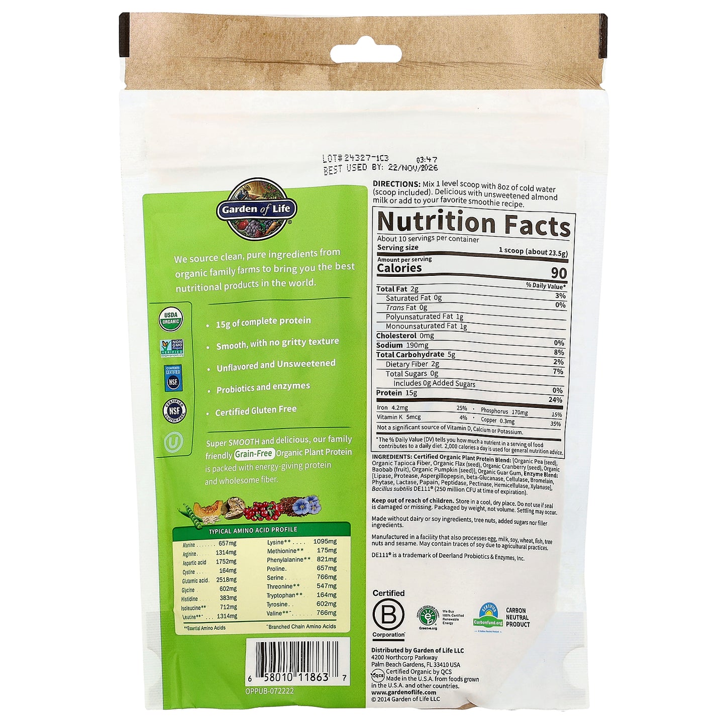 Garden of Life, Organic Plant Protein, Grain Free, Smooth Unflavored, 8.3 oz (236 g)