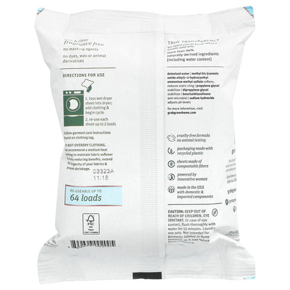 Grab Green, Wet Dryer Sheets, Fragrance Free, 32 Sheets