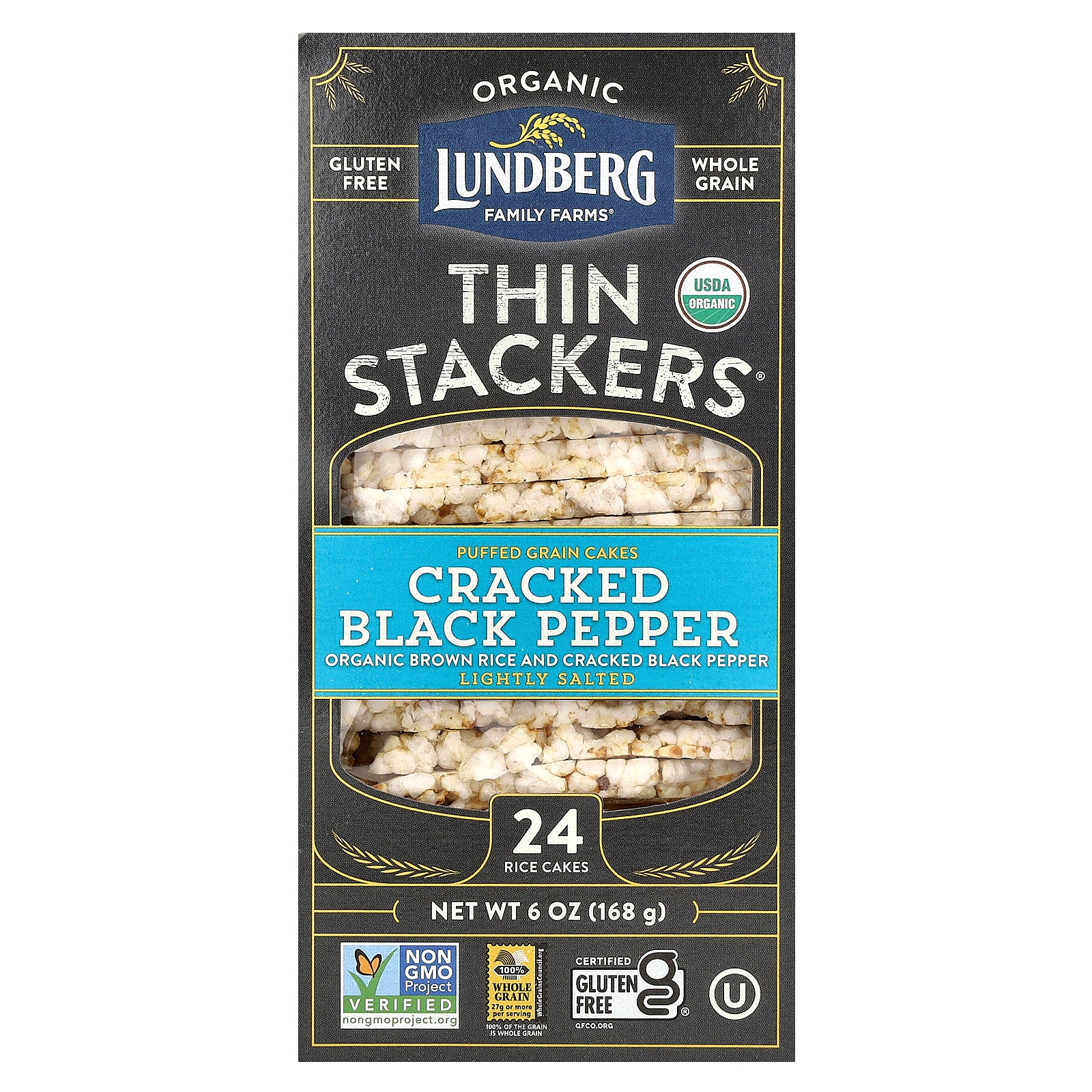 Lundberg, Organic Thin Stackers, Puffed Grain Cakes, Cracked Black Pepper, Lightly Salted, 24 Rice Cakes, 6 oz (168 g)