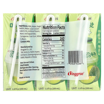 Binggrae, Flavored Milk Drink, Melon , 6 Cartons, 6.8 fl oz (200 ml) Each