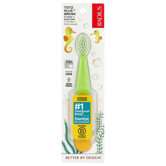 RADIUS, Totz Plus™ Brush, 3 Years +, Extra Soft, Green/Yellow, 1 Toothbrush